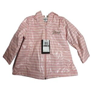 NWT DKNY Baby Girl's Pink White Striped Lined Raincoat Jacket Pockets Size 12Mos